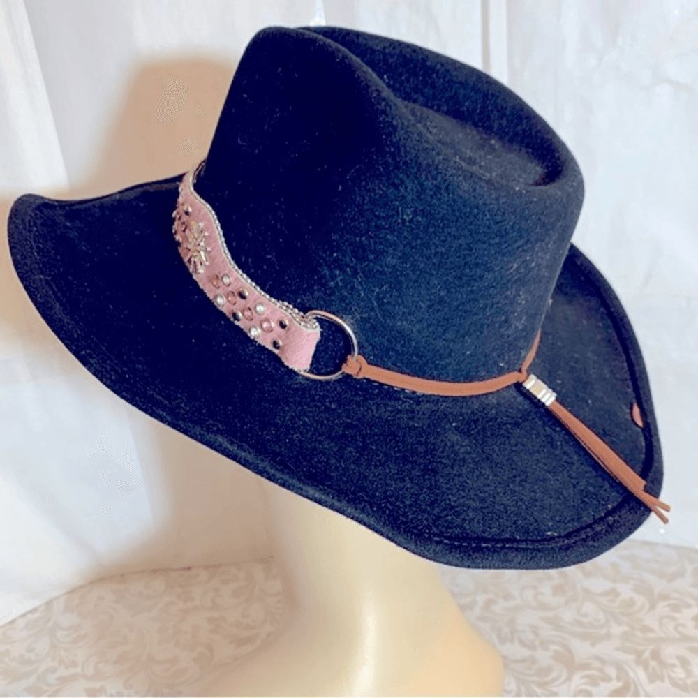 BullHide Cowgirl Cowboy Hat Black Wool Pink Calf Hair Jewel Studded Hatband S/M - Picture 5 of 8